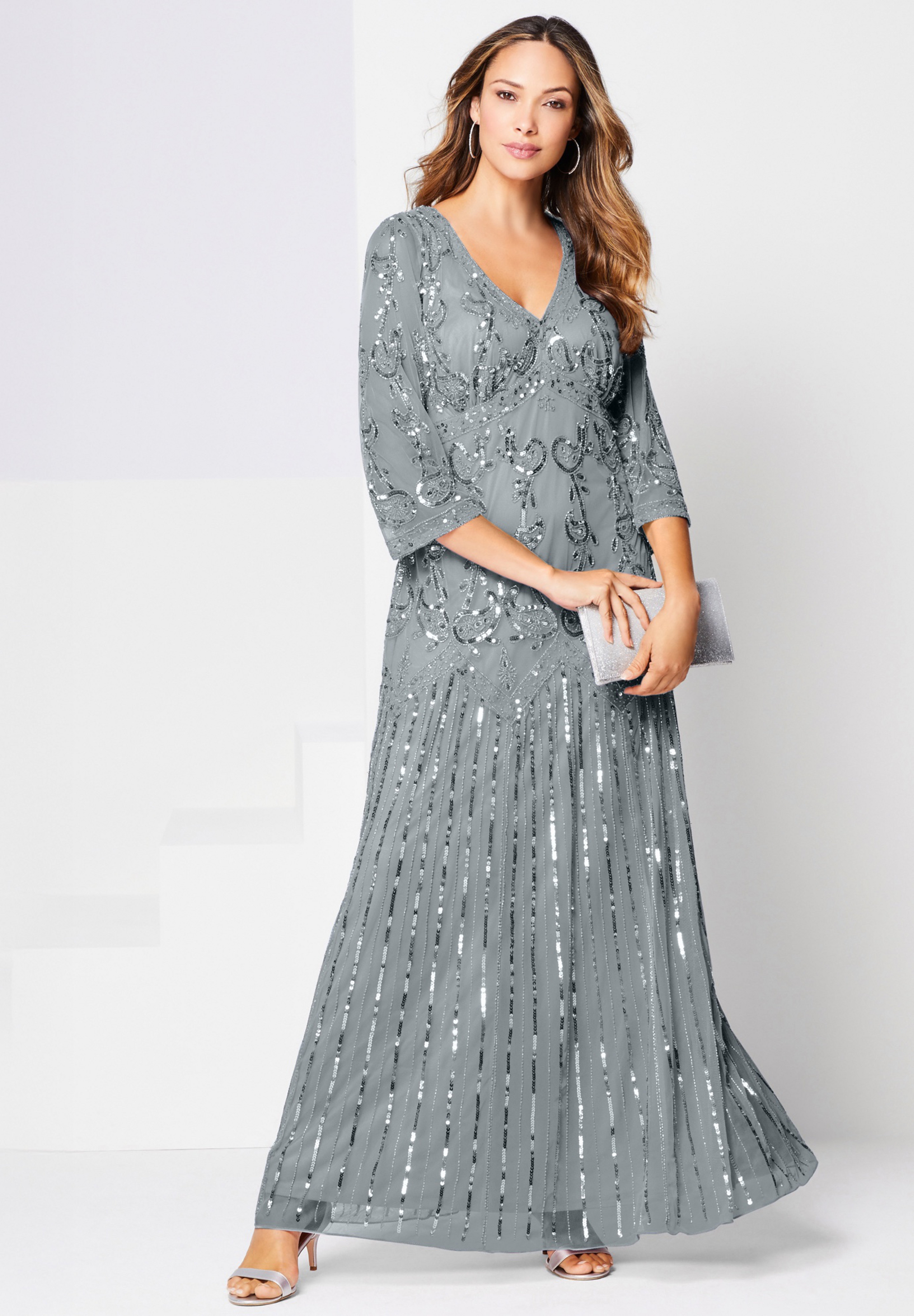 Plus Size Beaded V-Neck 3/4 Sleeve Sleeve Maxi Gown image number 0