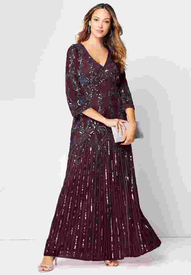 Plus Size Beaded V-Neck 3/4 Sleeve Sleeve Maxi Gown image number 0
