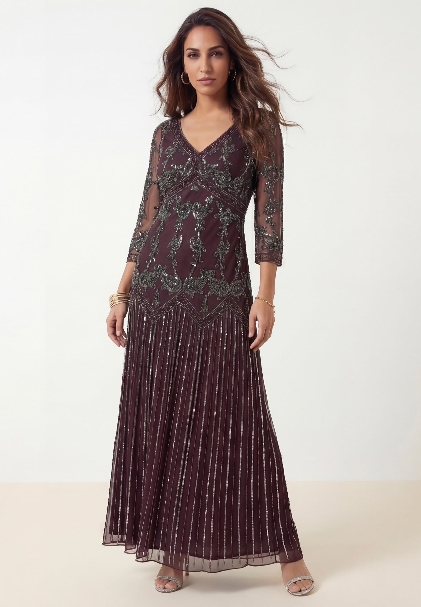 Plus Size Beaded V-Neck 3/4 Sleeve Sleeve Maxi Gown image number 0