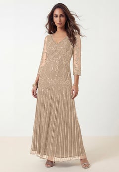 Plus Size Beaded V-Neck 3/4 Sleeve Sleeve Maxi Gown
