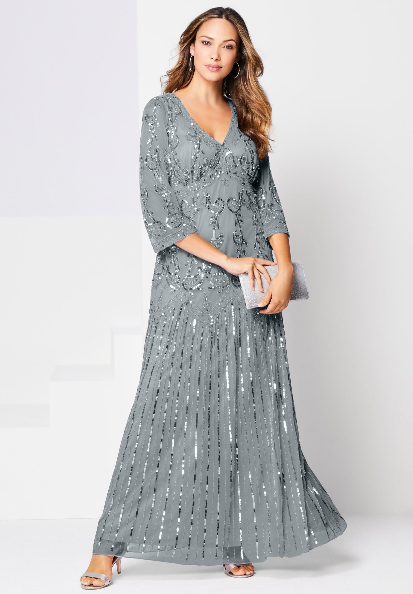 Plus Size Beaded V-Neck 3/4 Sleeve Sleeve Maxi Gown image number 0
