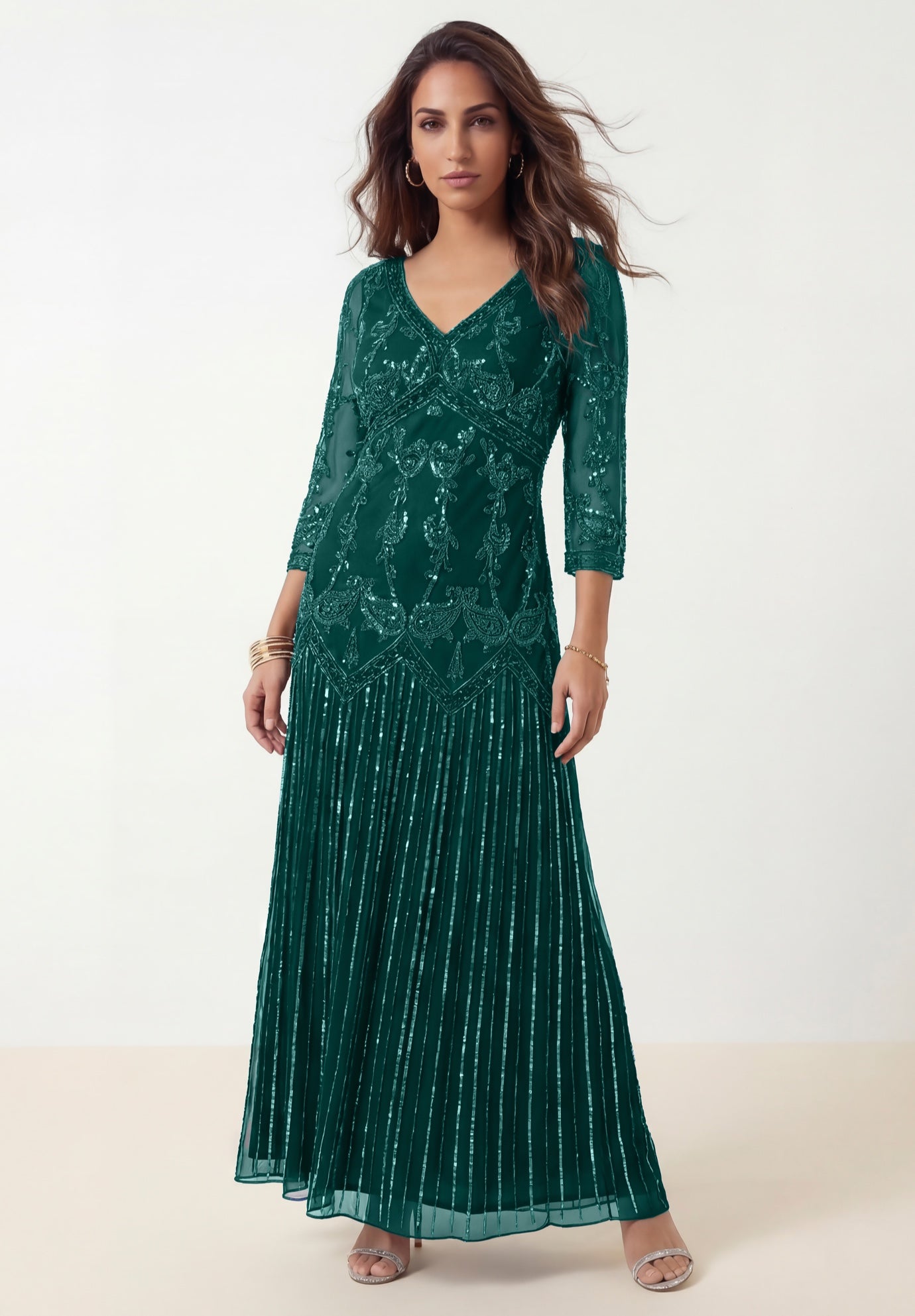 Plus Size Beaded V-Neck 3/4 Sleeve Sleeve Maxi Gown image number 0