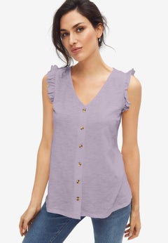 100% Cotton Slub Button-Front Ruffle Sleeve V-Neck Tank