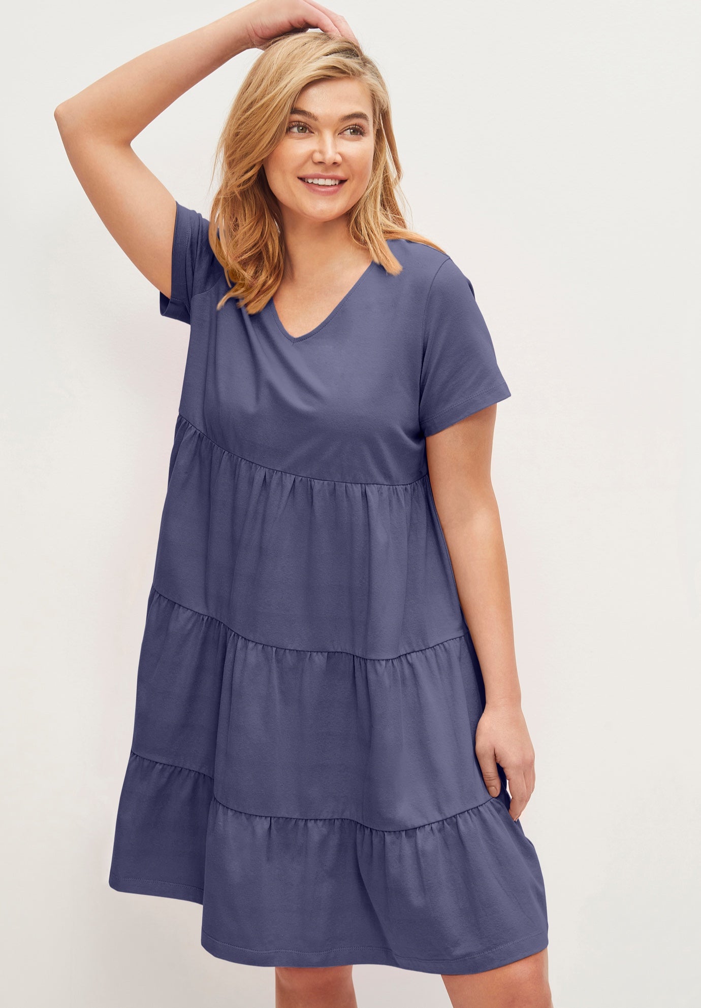 Cotton Spandex V-Neck Short Sleeve Tiered A-Line Dress image number 0