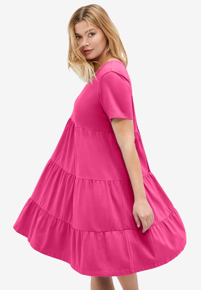 Cotton Spandex Scoop Neck Short Sleeve Tiered A Line Dress image number 1