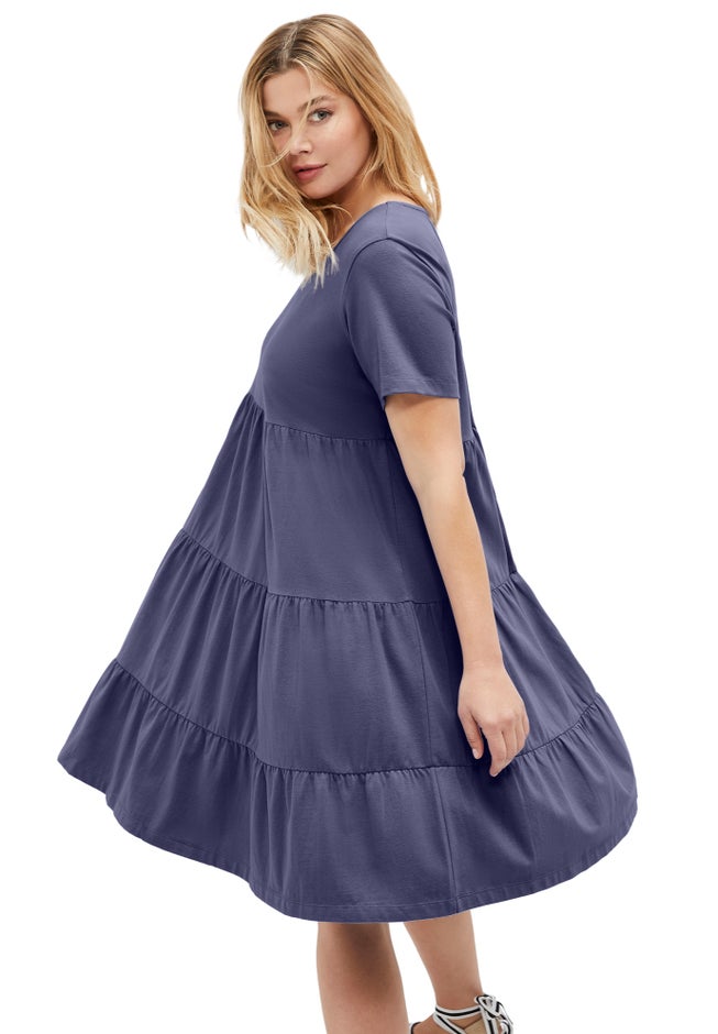 Cotton Spandex V-Neck Short Sleeve Tiered A-Line Dress image number 2