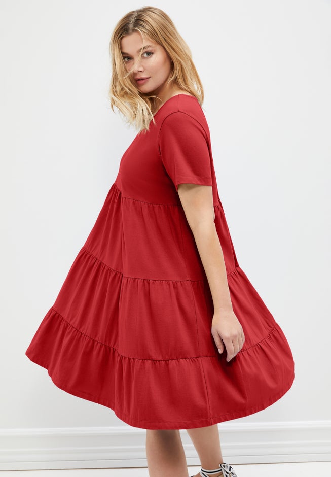 Cotton Spandex V-Neck Short Sleeve Tiered A-Line Dress image number 1