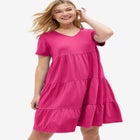 Cotton Spandex Scoop Neck Short Sleeve Tiered A Line Dress image number null