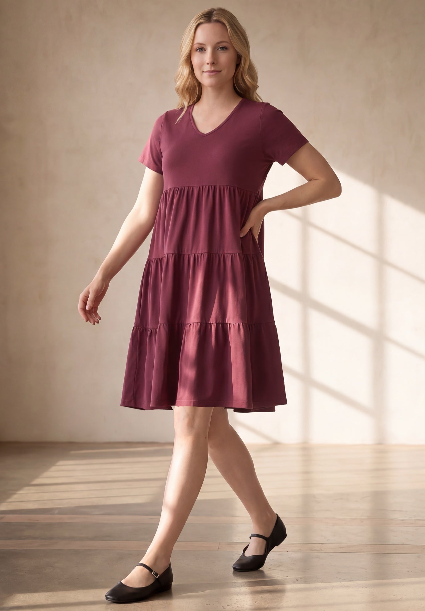 Cotton Spandex V-Neck Short Sleeve Tiered A-Line Dress image number 0