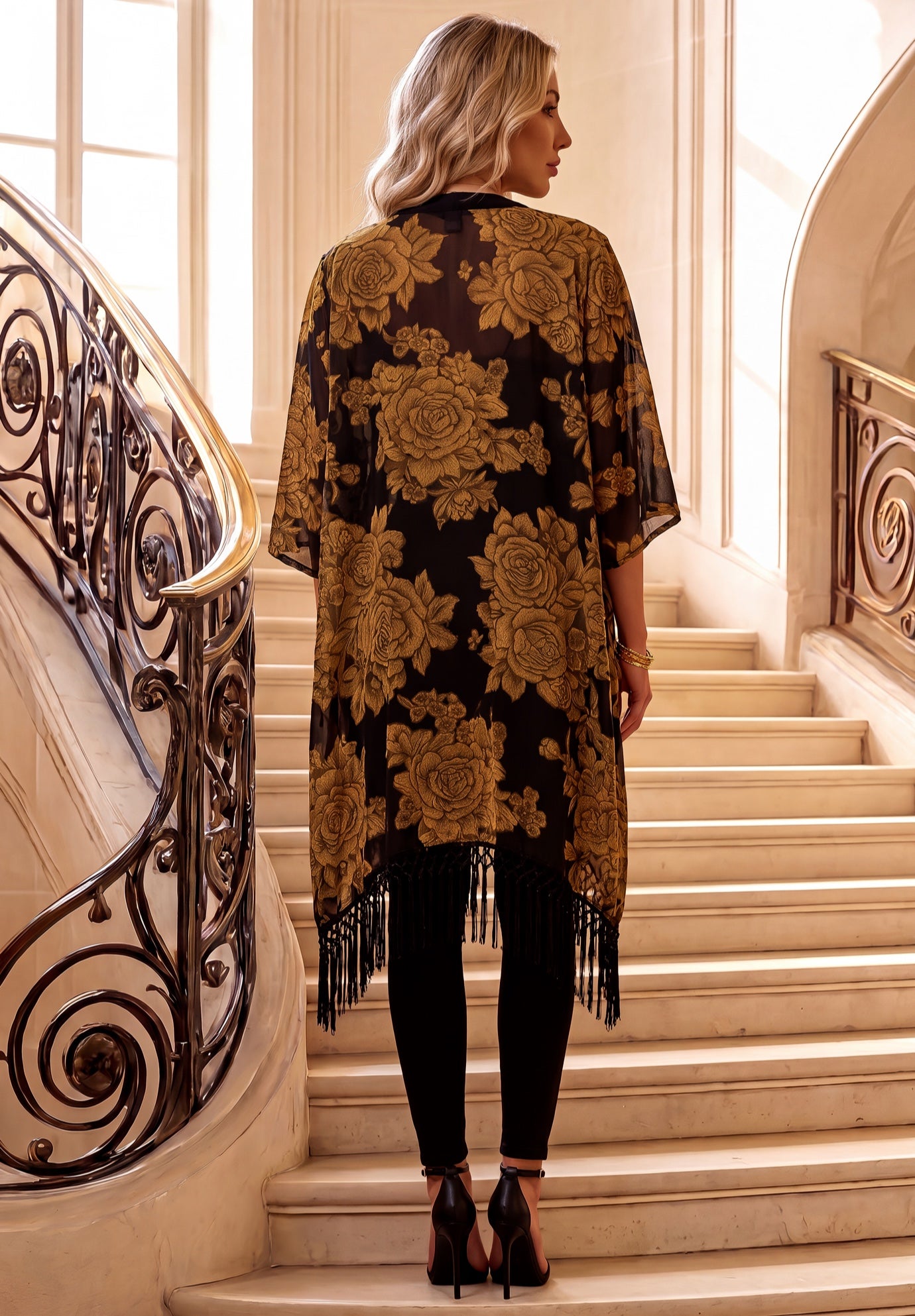 Plus Size Metallic Jacquard Fringe Trim Kimono Jacket image number 1
