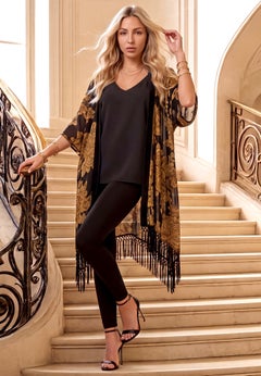 Plus Size Metallic Jacquard Fringe Trim Kimono Jacket