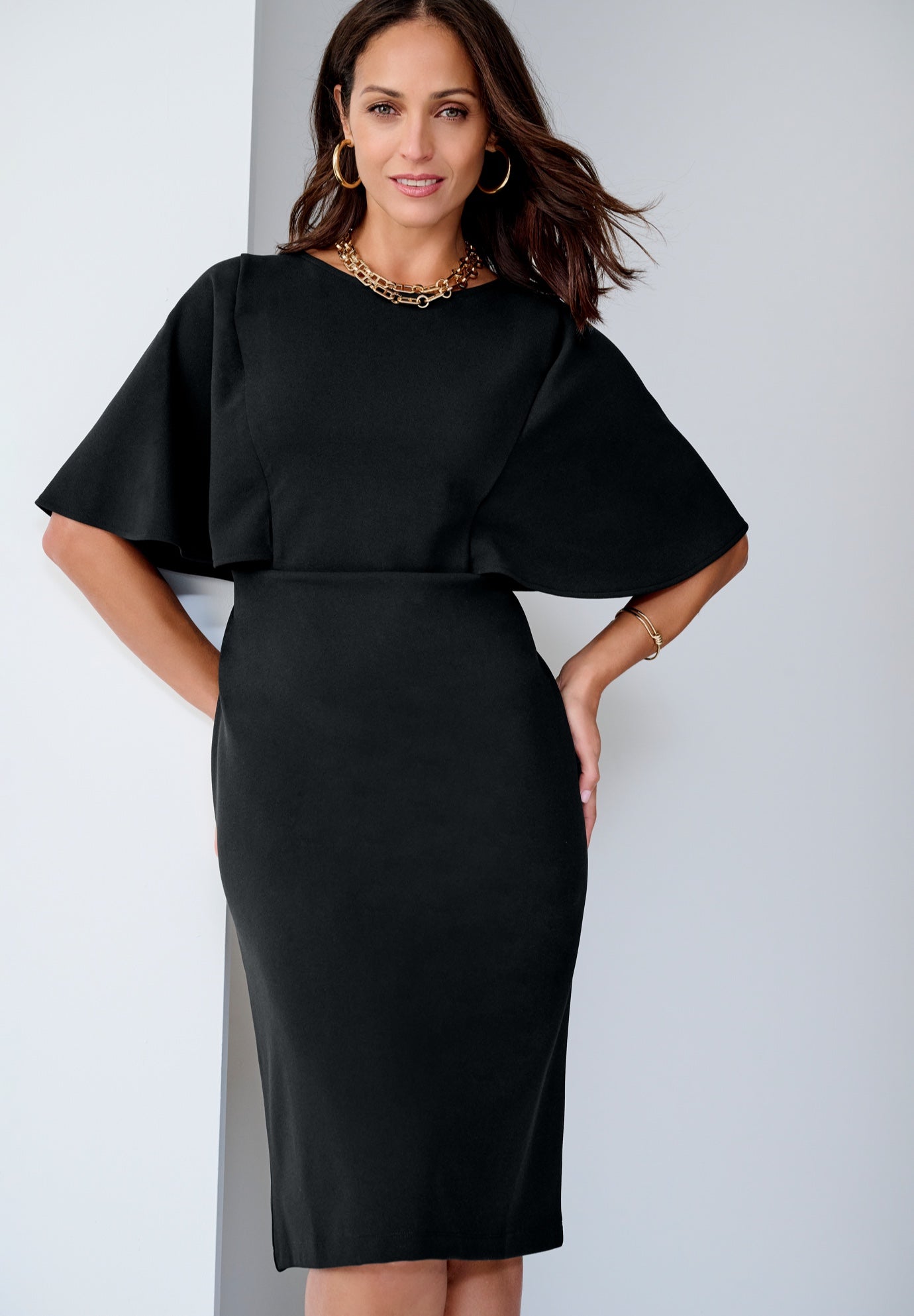 STRETCH CREPE CAPE SHEATH DRESS image number 0