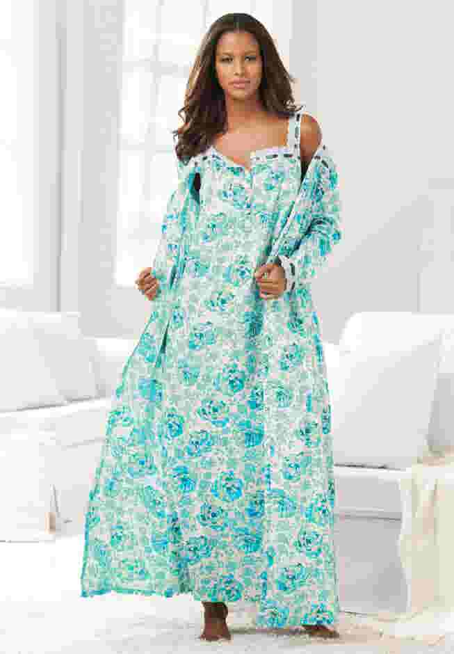 Long 2-Piece Cabbage-Rose Peignoir Set image number 0