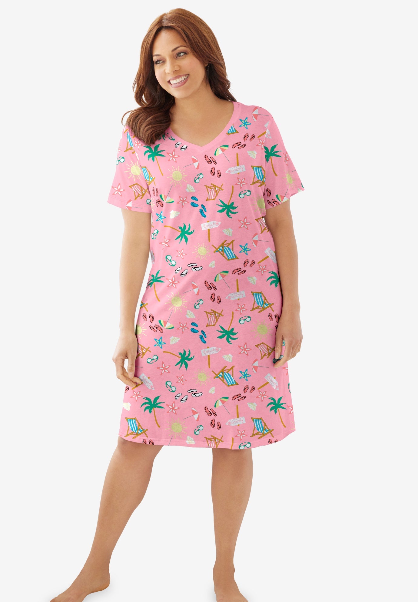V-Neck Short Sleeve Knee-Length Cotton Sleepshirt image number 0