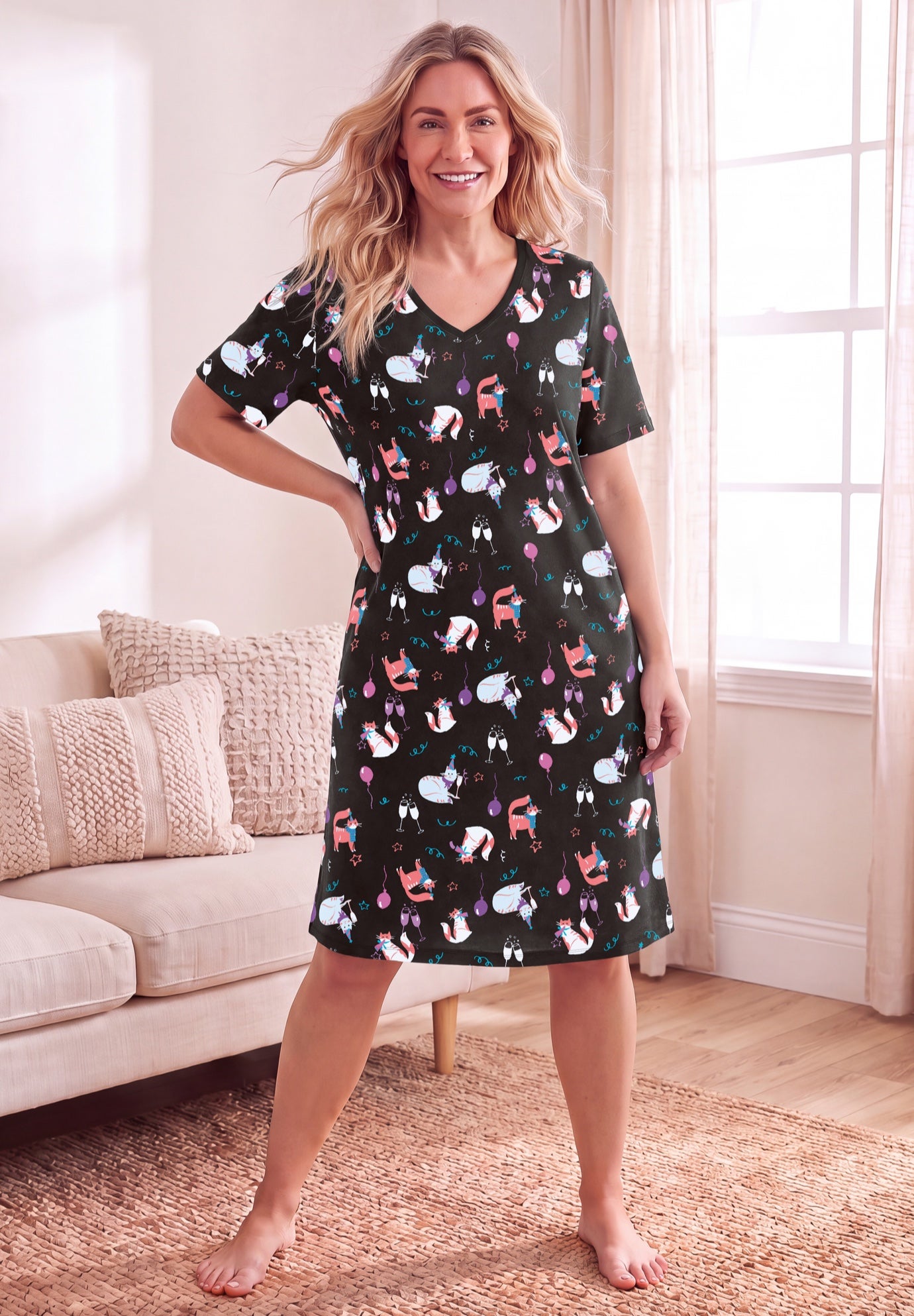 V-Neck Short Sleeve Knee-Length Cotton Sleepshirt image number 0