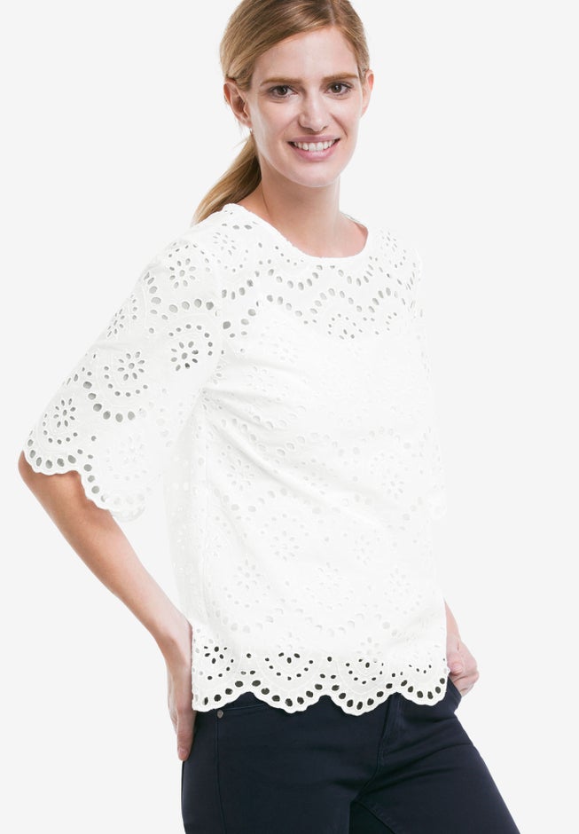 Scalloped Hem Eyelet Blouse image number null