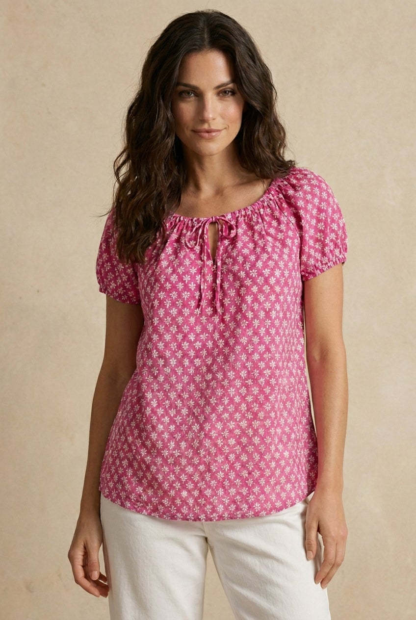 100% Cotton A-Line Peasant Blouse With Scoop Keyhole Neckline image number 0