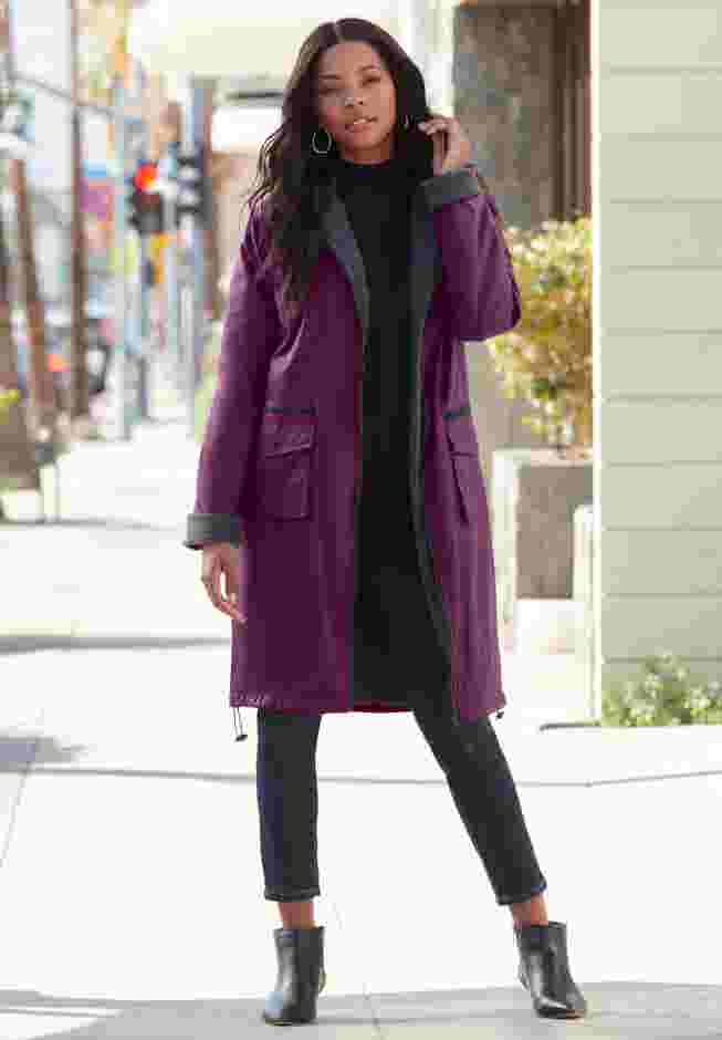 Hooded Long Nylon Jacket with Fleece Lining image number 5