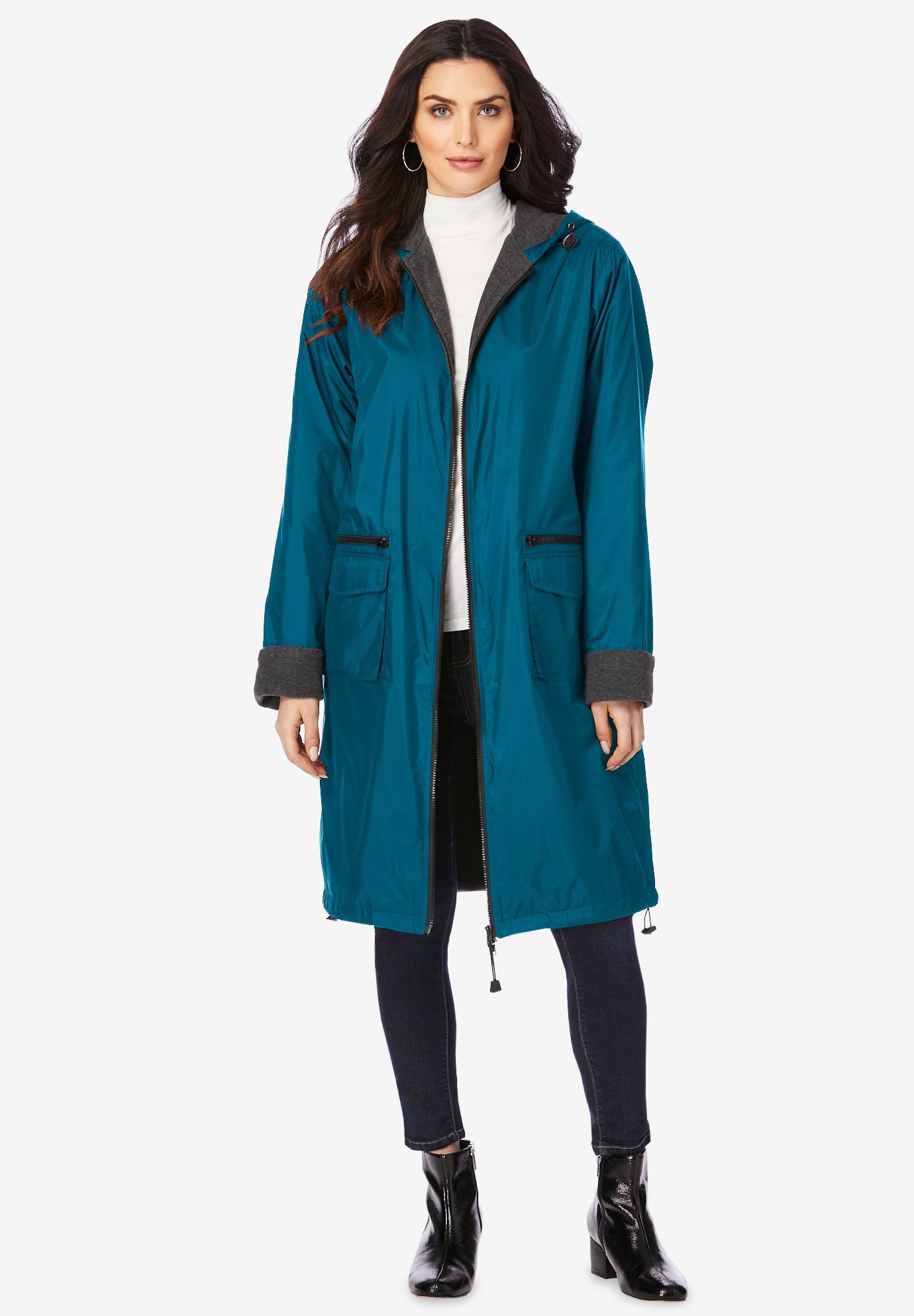 Plus Size Knee Length Hooded Nylon Jacket image number 0