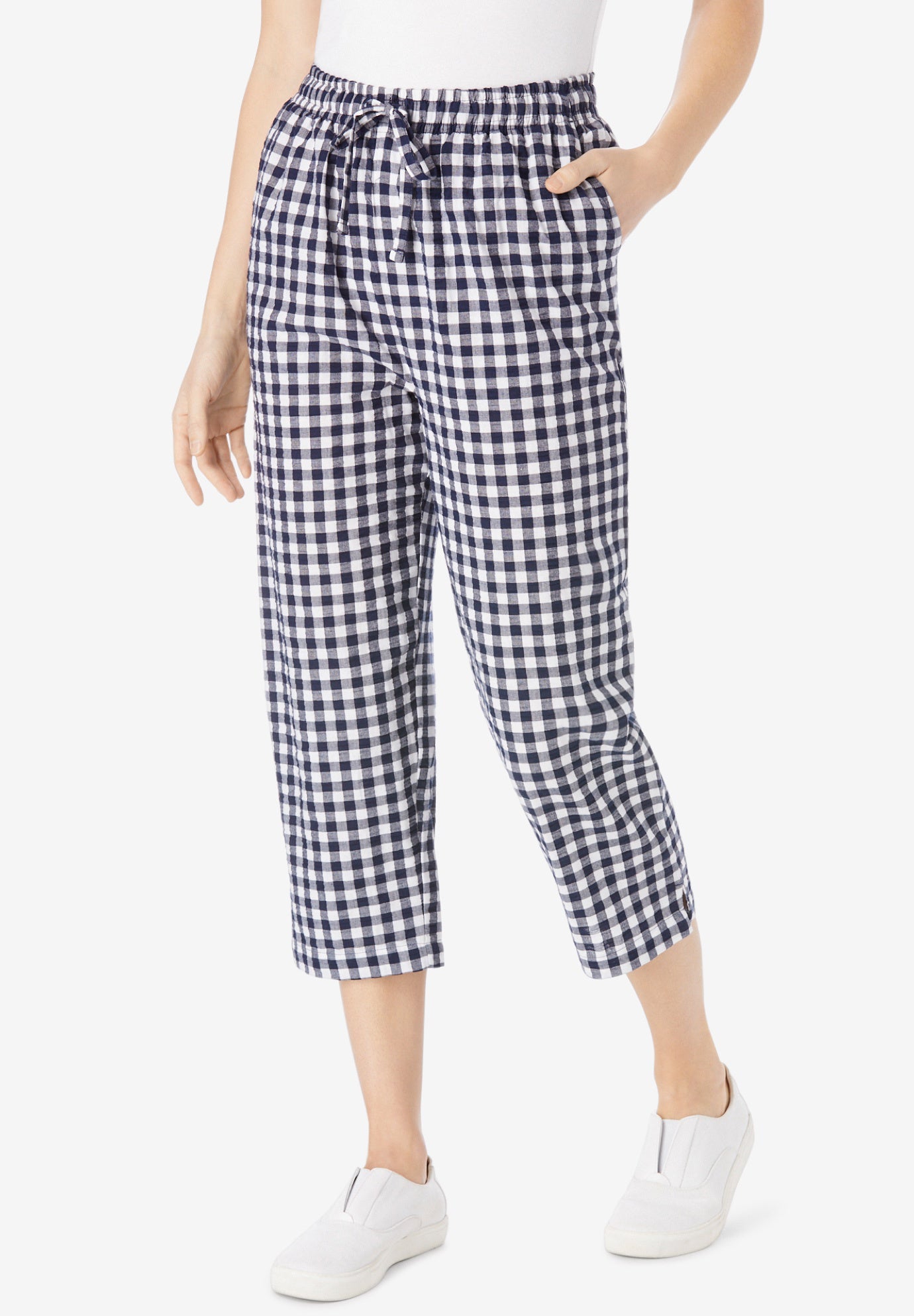 Seersucker Pull-On Elastic-Waist Capri Pants image number 1