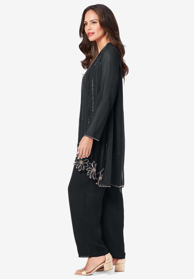 Plus-Size Long Sleeve Floral Beaded Georgette Three-Piece Pant Set image number 3