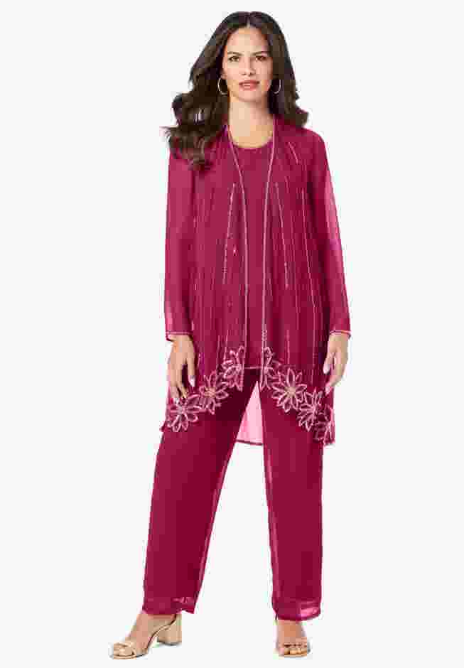 Plus-Size Long Sleeve Floral Beaded Georgette Three-Piece Pant Set image number 0