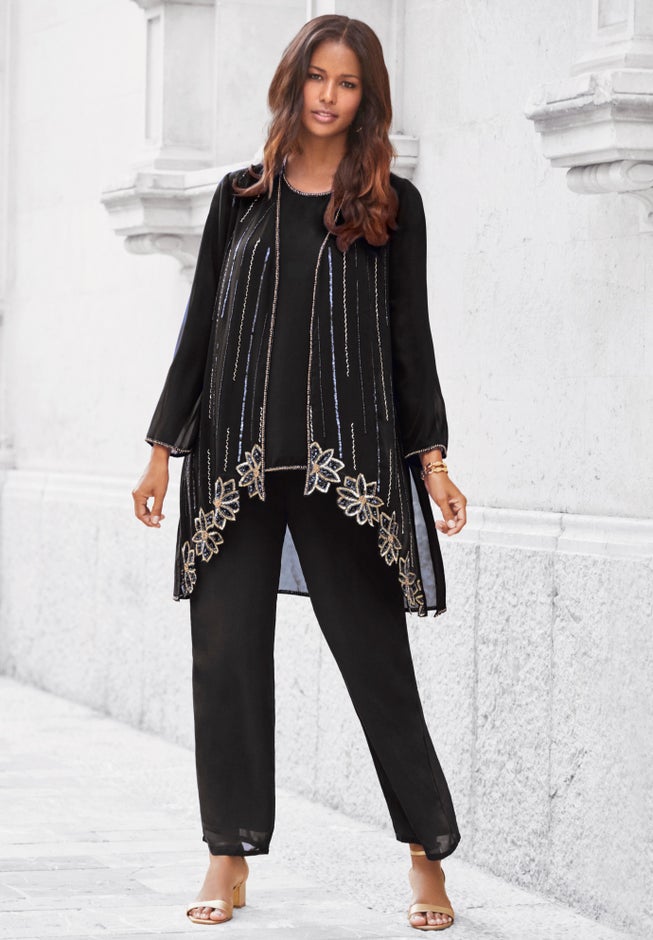 Plus-Size Long Sleeve Floral Beaded Georgette Three-Piece Pant Set image number 0