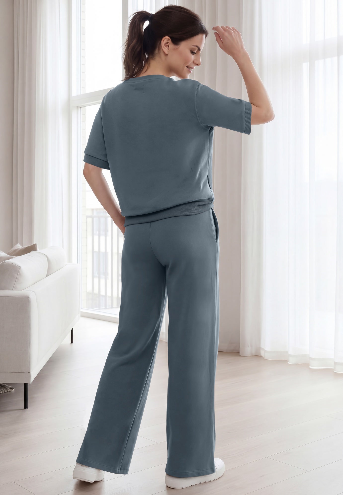 French Terry Wide Leg Sweatpants With Drawstring Elastic Waistband image number 1