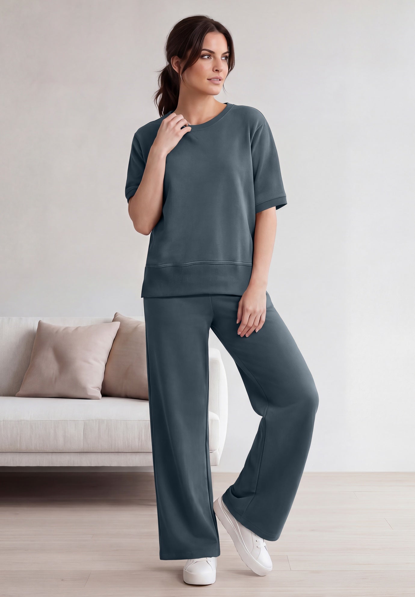 French Terry Wide Leg Sweatpants With Drawstring Elastic Waistband image number 0