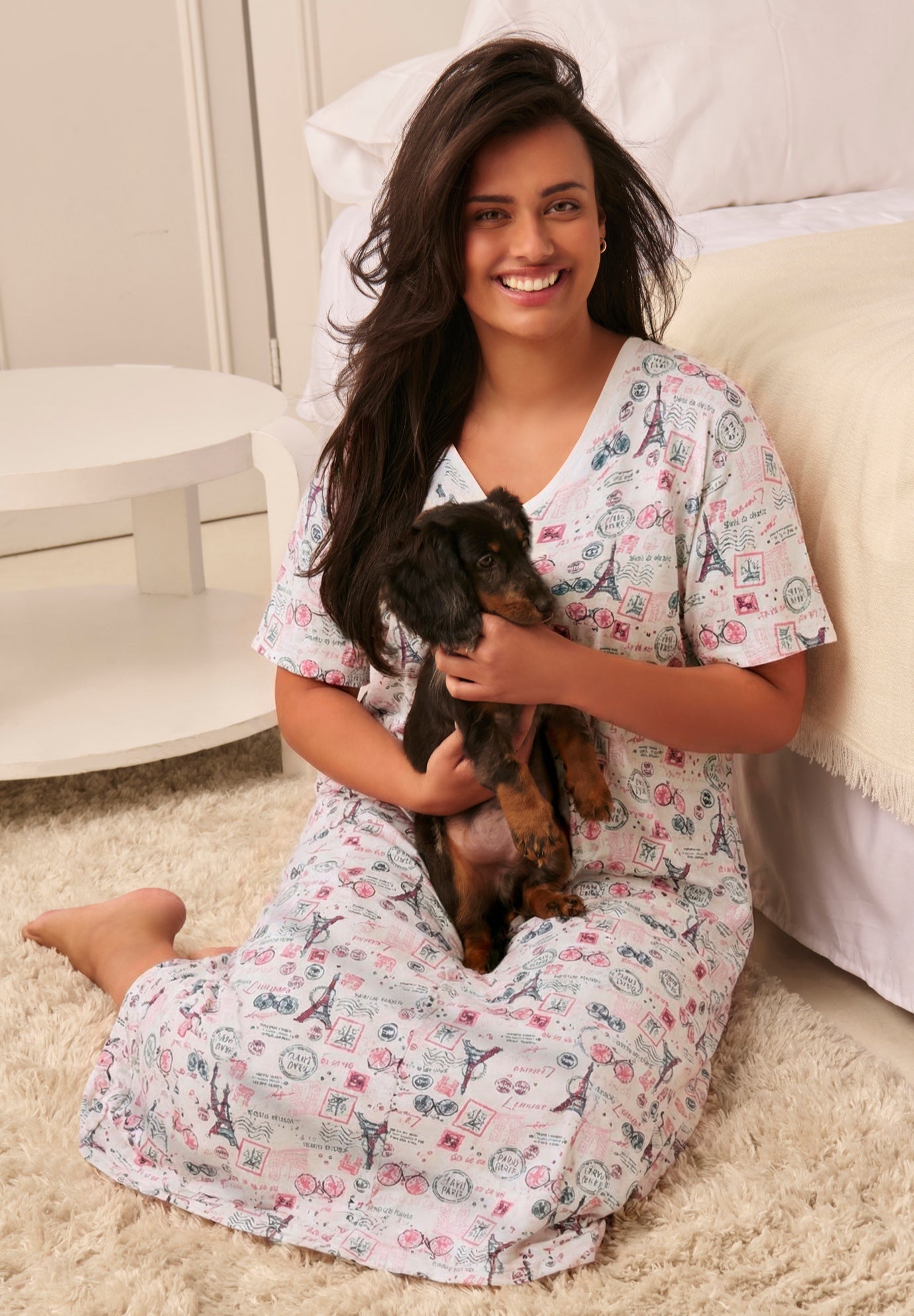 V-Neck Short Sleeve Midi Cotton Sleep Shirt image number 0