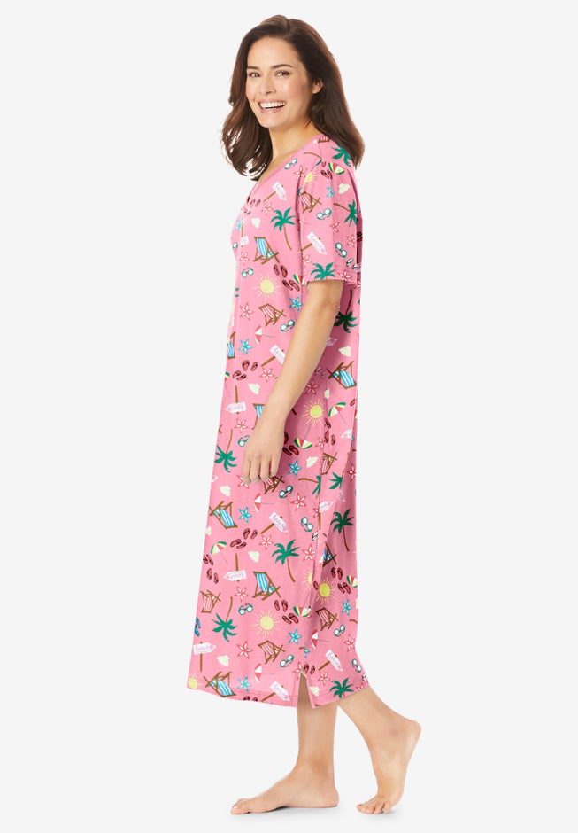 V-Neck Short Sleeve Midi Cotton Sleep Shirt image number 2