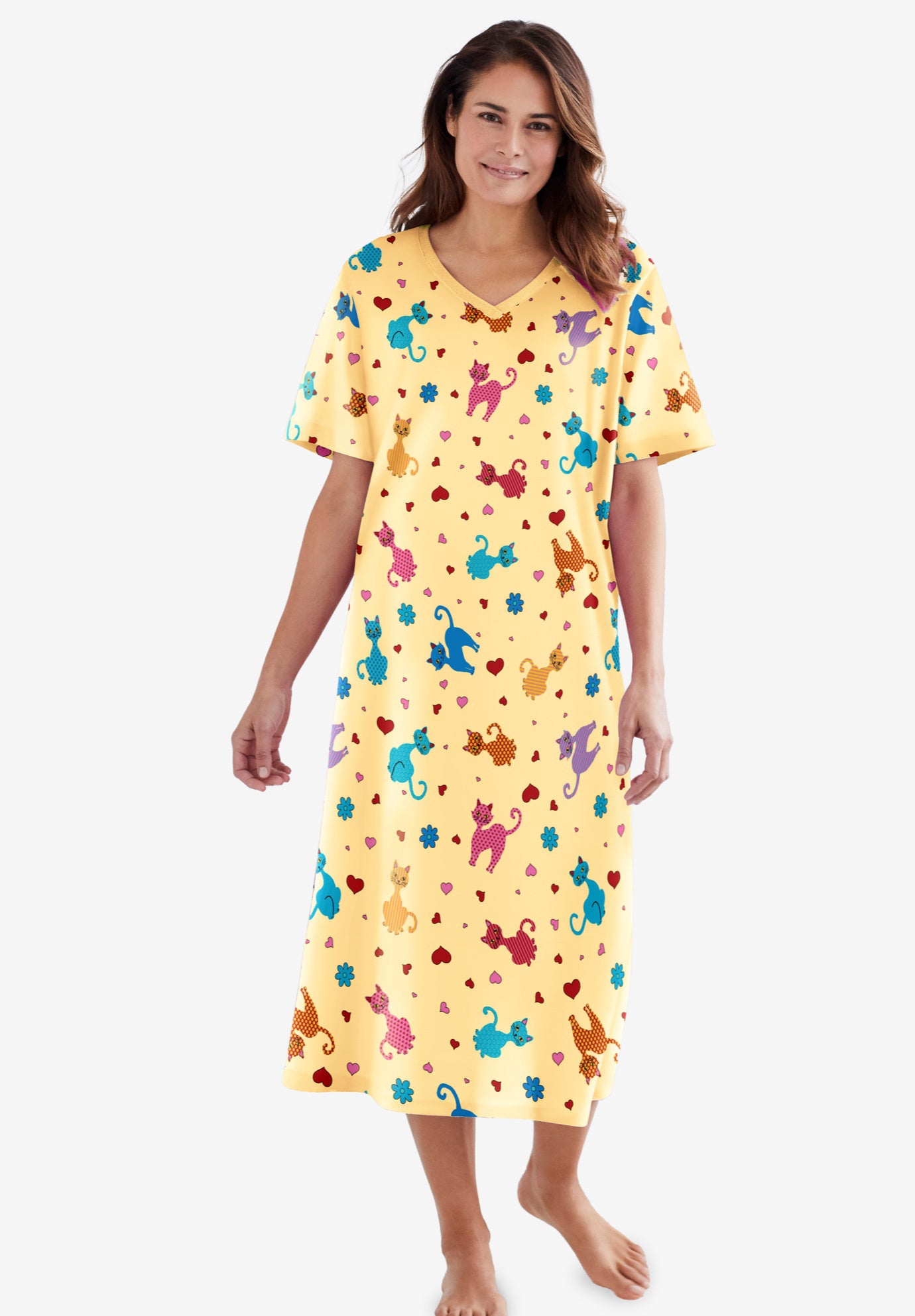 V-Neck Short Sleeve Midi Cotton Sleep Shirt image number 0