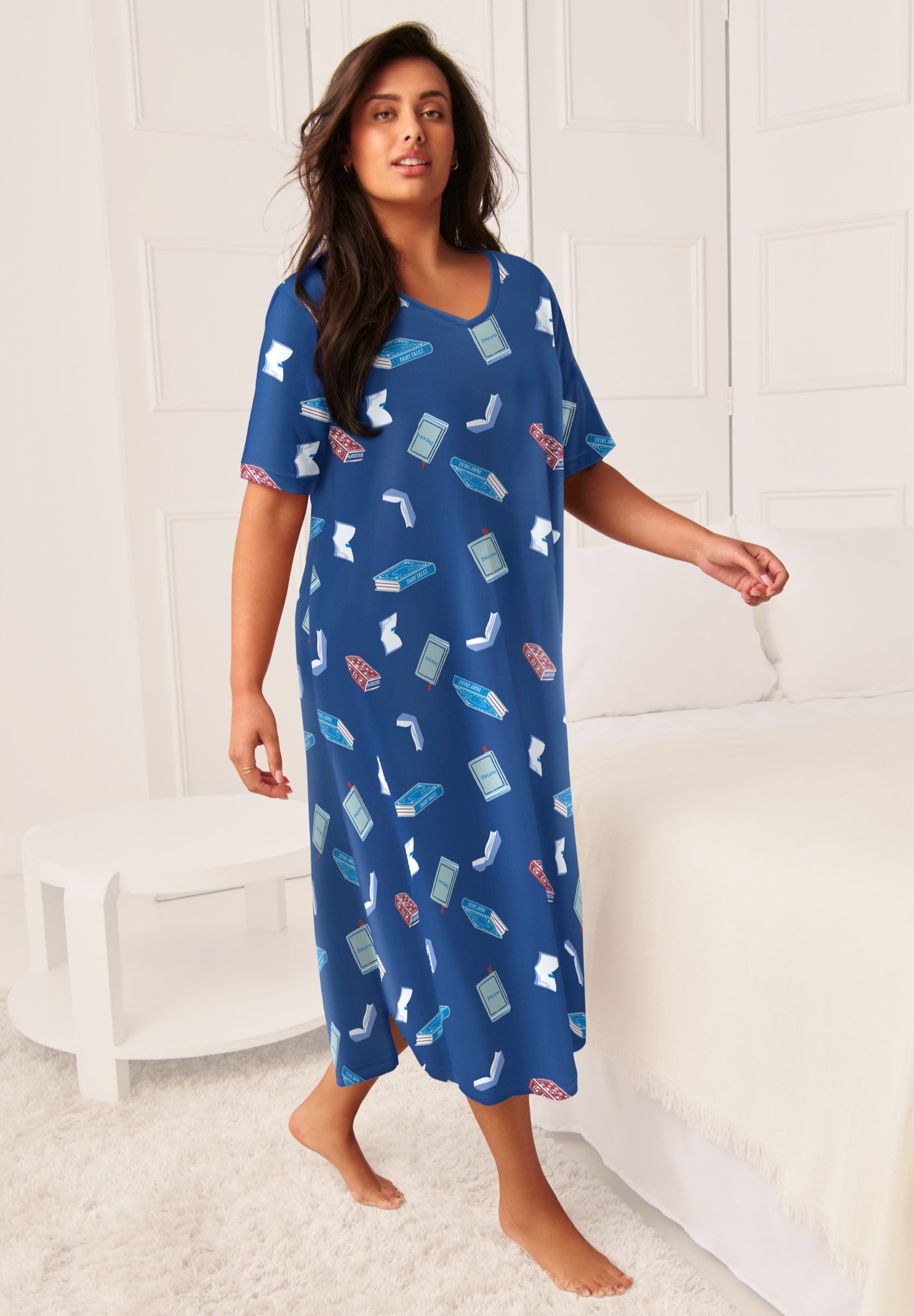 V-Neck Short Sleeve Midi Cotton Sleep Shirt image number 0