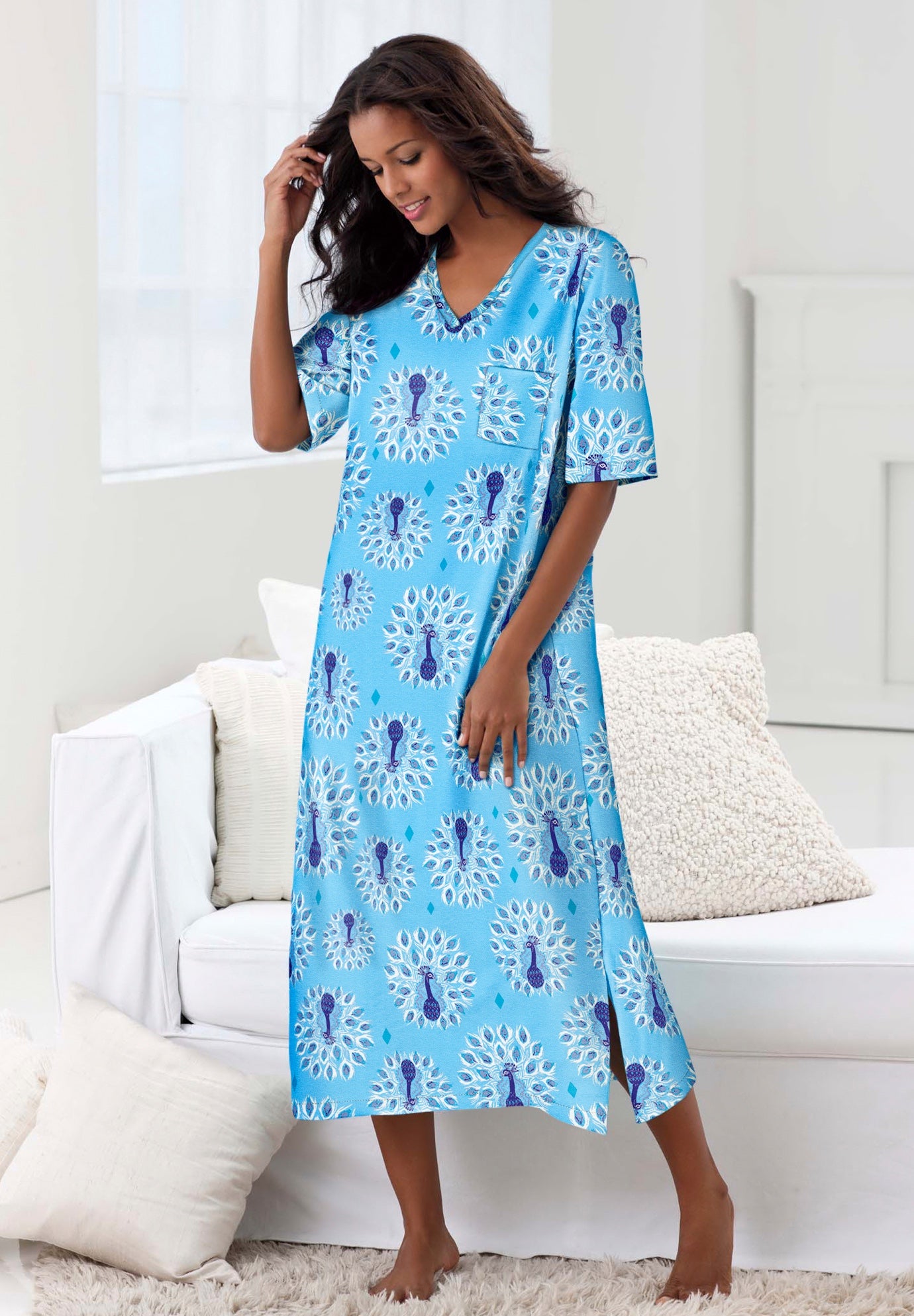 V-Neck Short Sleeve Midi Cotton Sleep Shirt image number 0