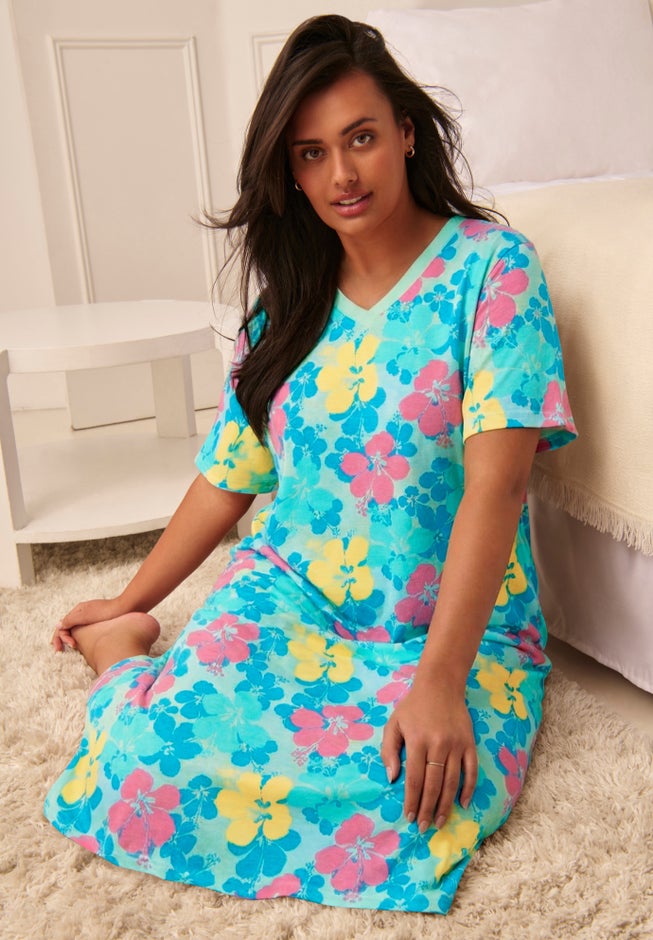 V-Neck Short Sleeve Midi Cotton Sleep Shirt image number 5