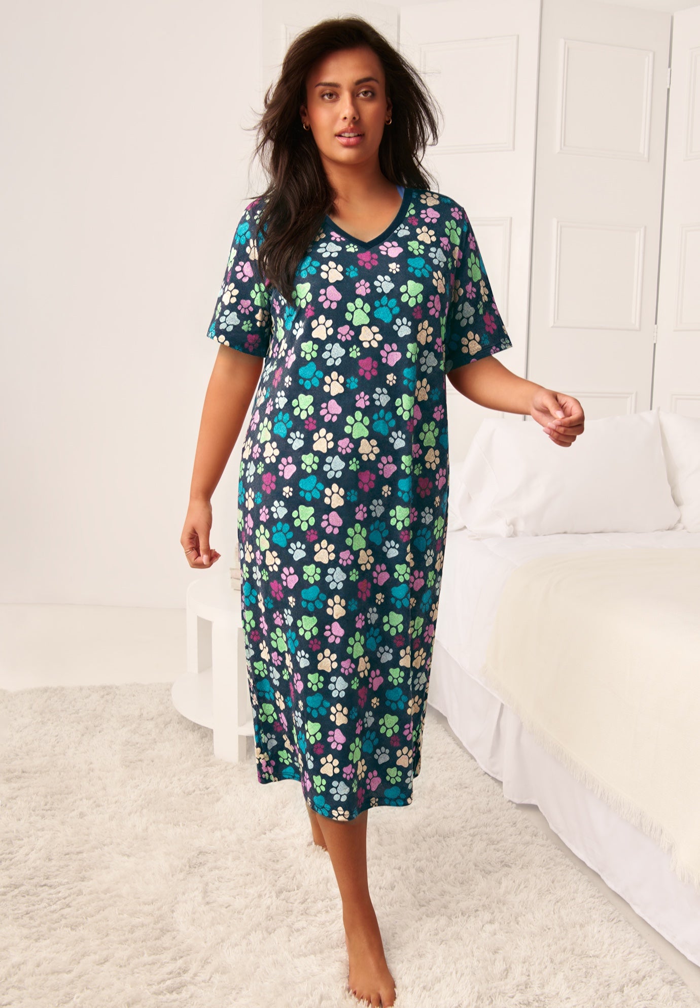 V-Neck Short Sleeve Midi Cotton Sleep Shirt image number 0