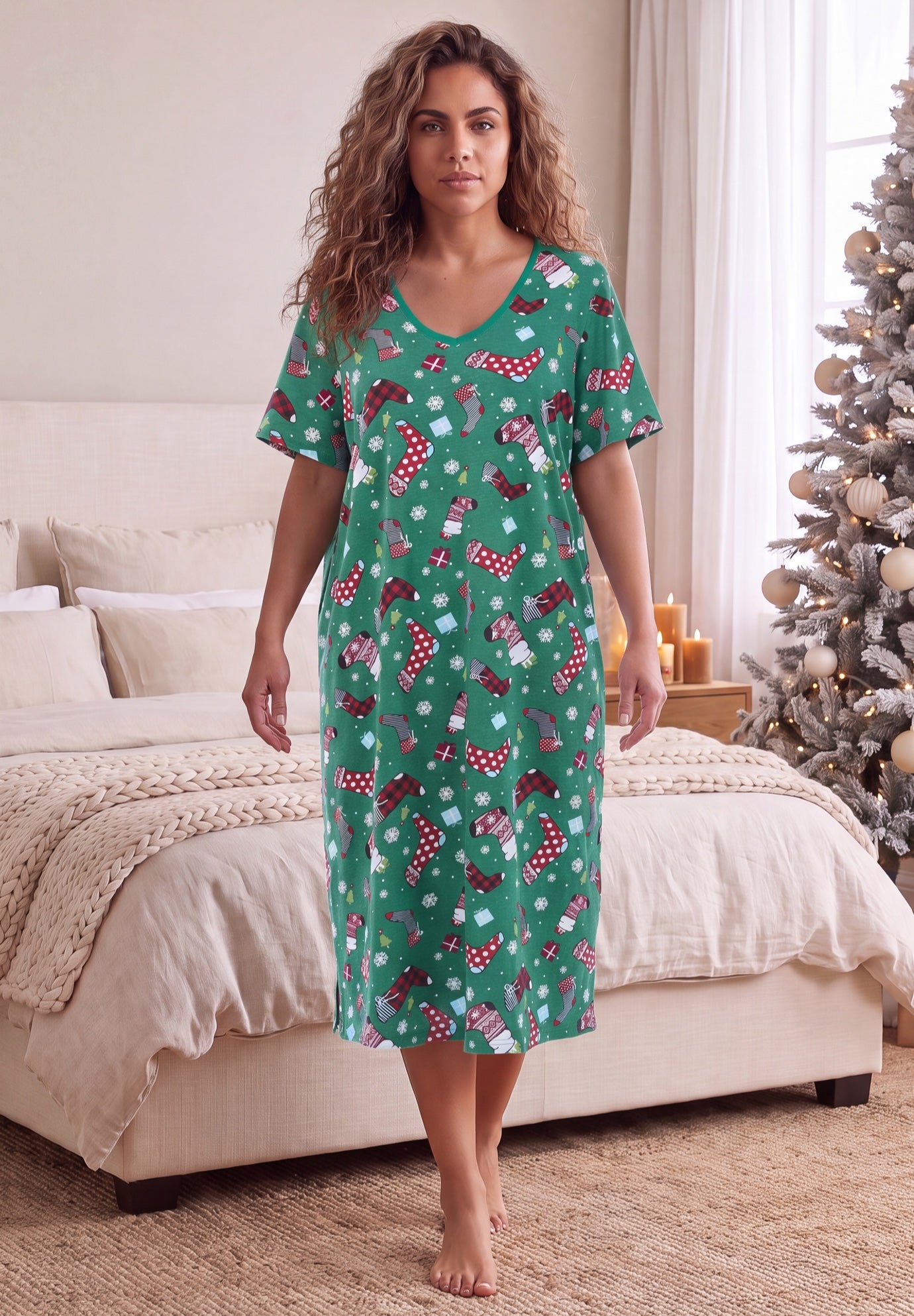V-Neck Short Sleeve Midi Cotton Sleep Shirt image number 0