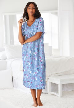 V-Neck Short Sleeve Midi Cotton Sleep Shirt