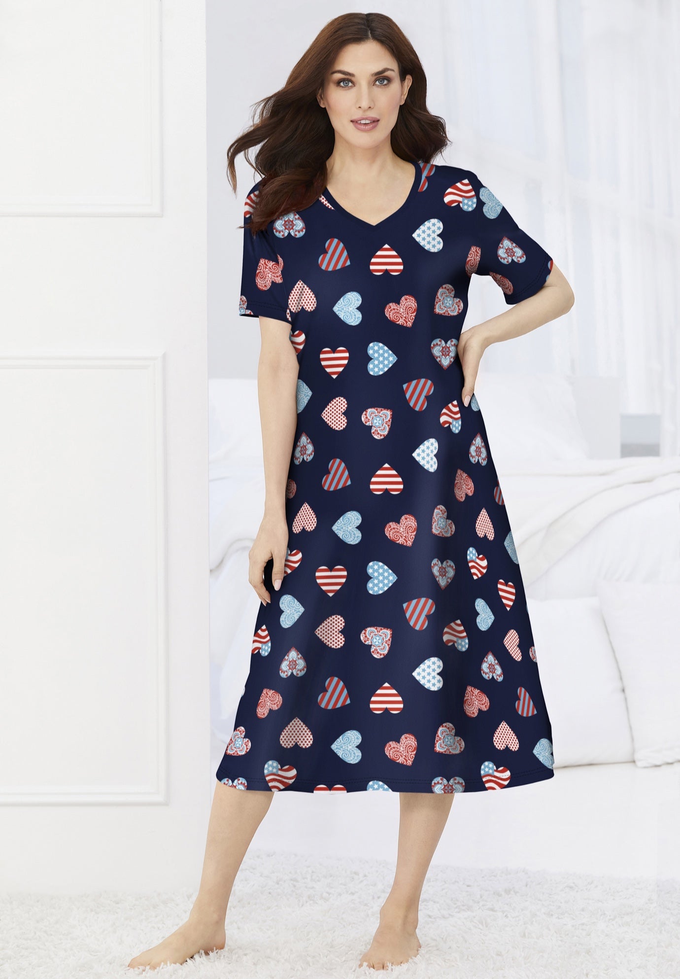 V-Neck Short Sleeve Midi Cotton Sleep Shirt image number 0