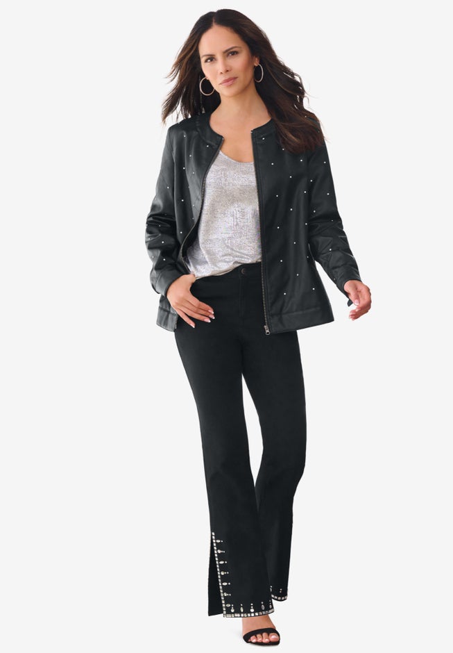 Plus Size Invisible Stretch® Rhinestone-Detail Split Flare-Leg Jean image number 3