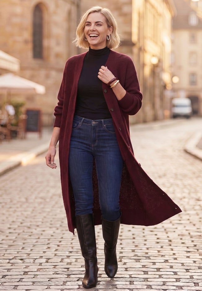 Stretch Button Front Duster Cardigan Sweater image number 1