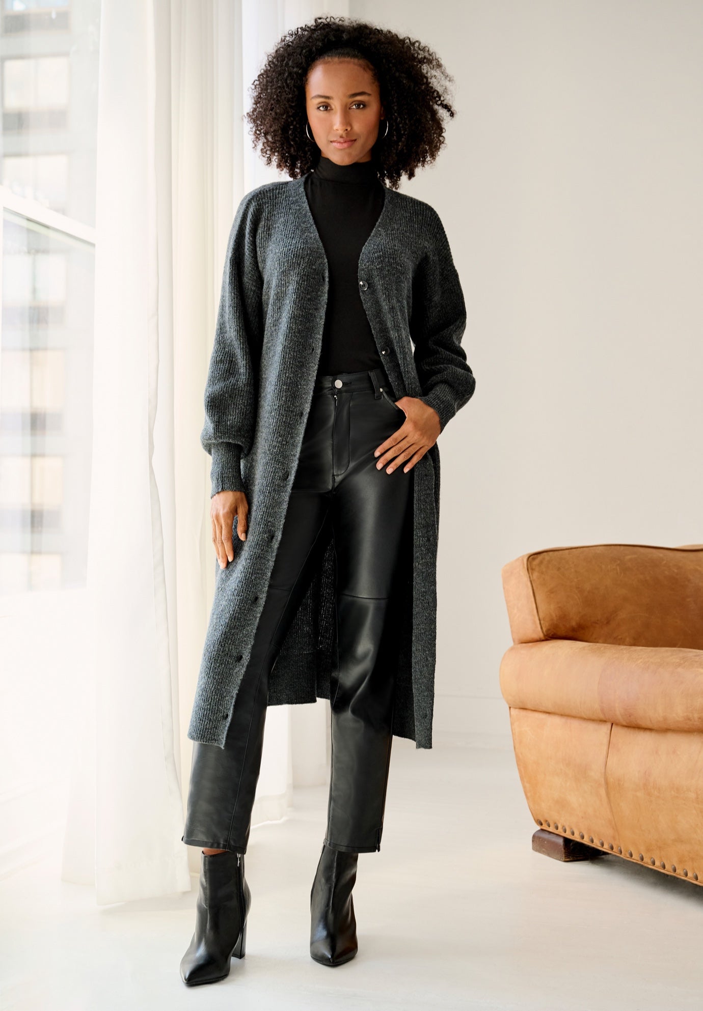 Stretch Button Front Duster Cardigan Sweater image number 0