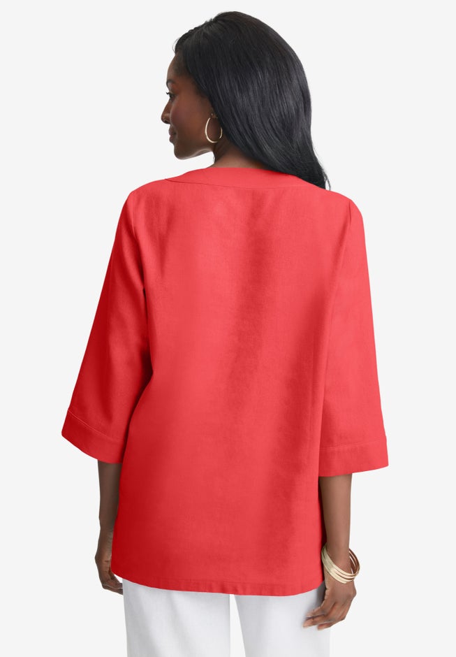 Linen V-Neck Embroidered Tunic image number 1