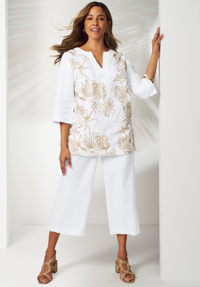 Linen V-Neck Embroidered Tunic image number 0