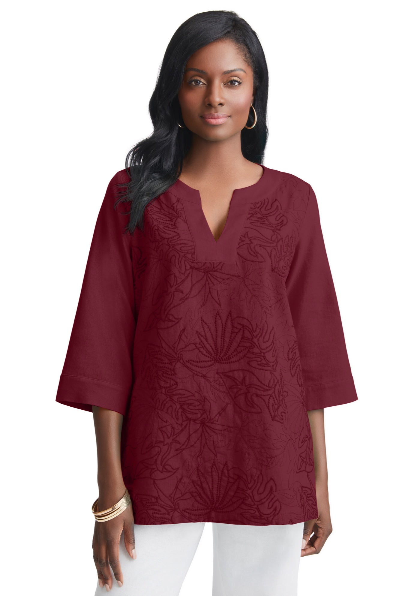 Linen V-Neck Embroidered Tunic image number 0