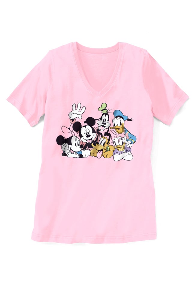 Disney Women's Short Sleeve V-Neck Tee Pink Mickey Mouse and Friends image number 1