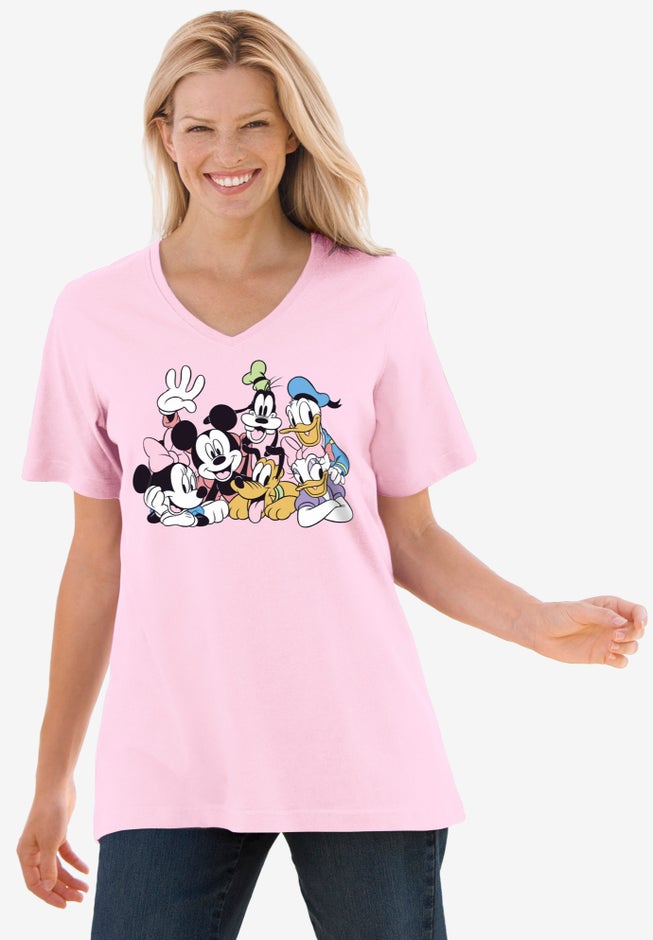 Disney Women's Short Sleeve V-Neck Tee Pink Mickey Mouse and Friends image number 0