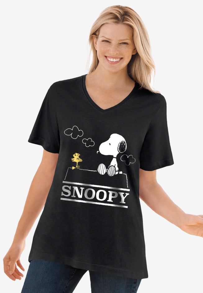 Peanuts Women's Short Sleeve V-Neck Tee Snoopy And Woodstock on House image number null