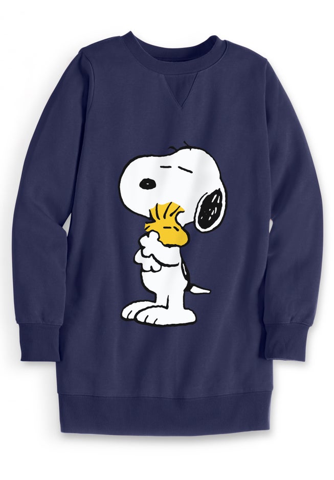 Peanuts Women's Long Sleeve Fleece Sweatshirt Navy Snoopy and Woodstock Hugging image number 1