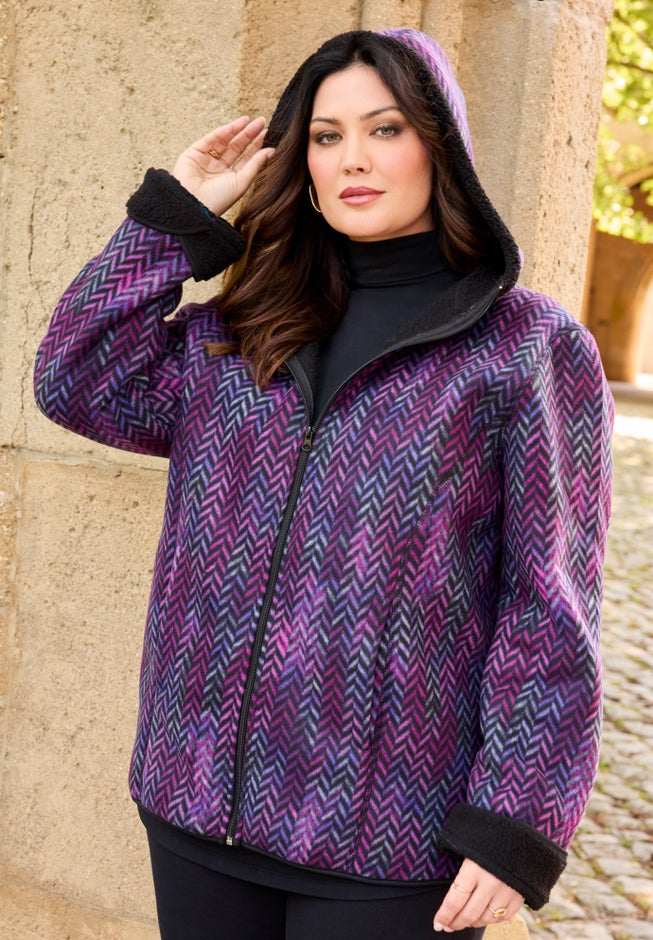Printed Fleece Coat with Sherpa Lining image number 4
